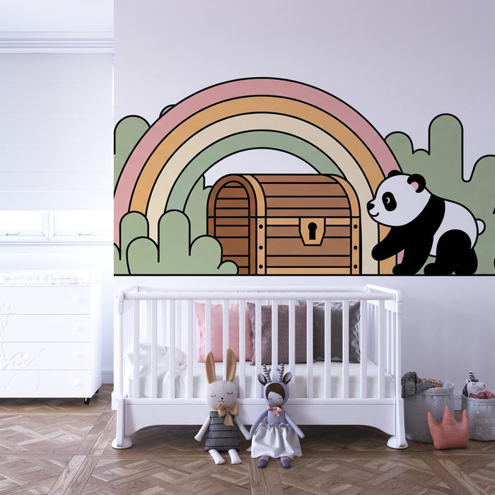 Carta da parati bambini | Panda e tesoro sotto l'arcobaleno
