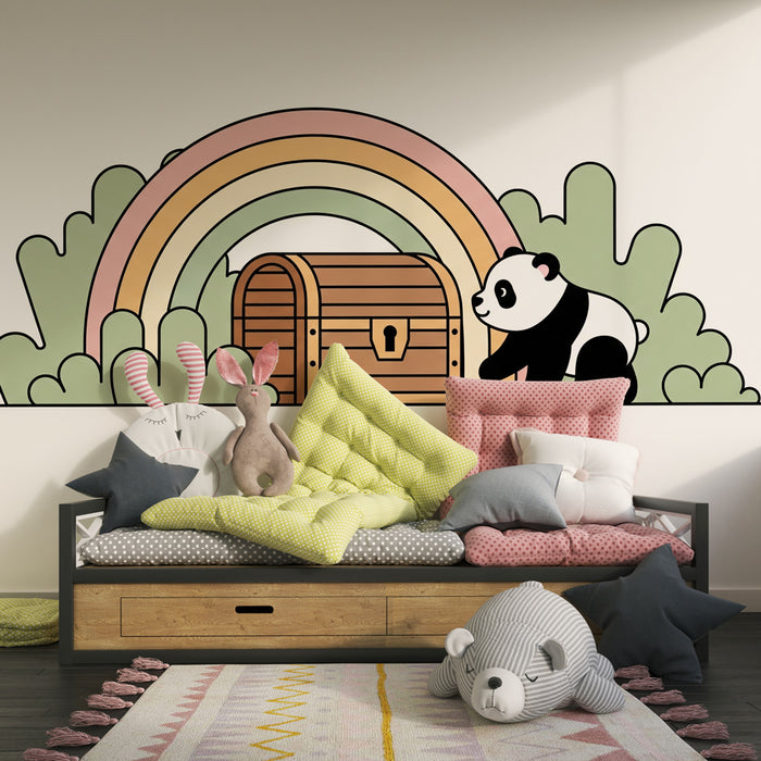 Carta da parati bambini | Panda e tesoro sotto l'arcobaleno