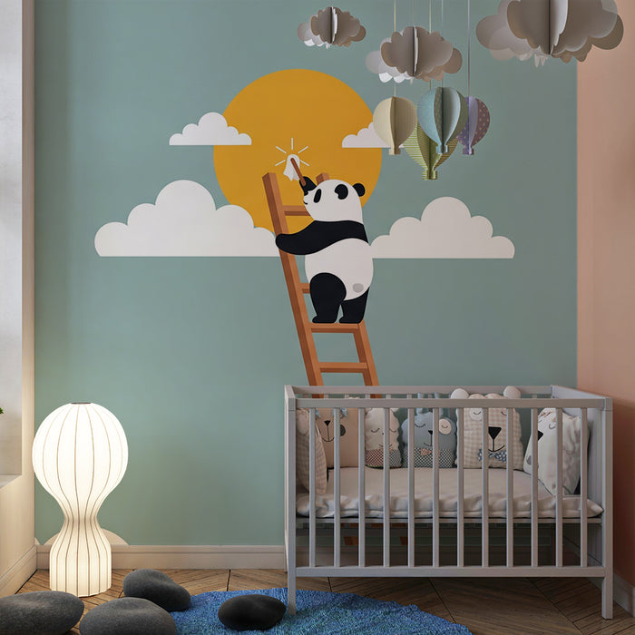 Papel de parede infantil | Panda a subir em direção ao sol num céu azul