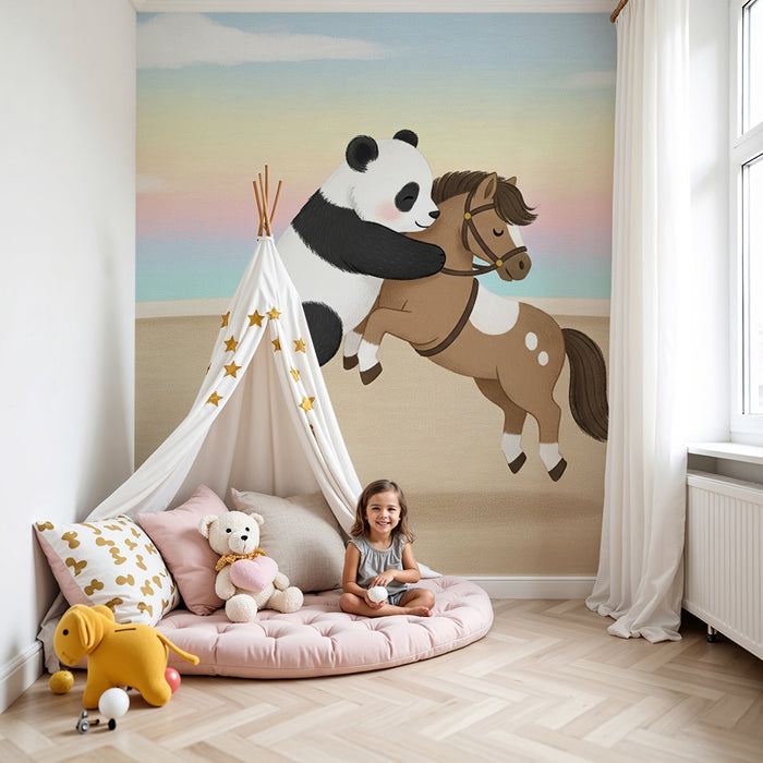 Carta da parati bambini | Panda giocatore e cavallo felice
