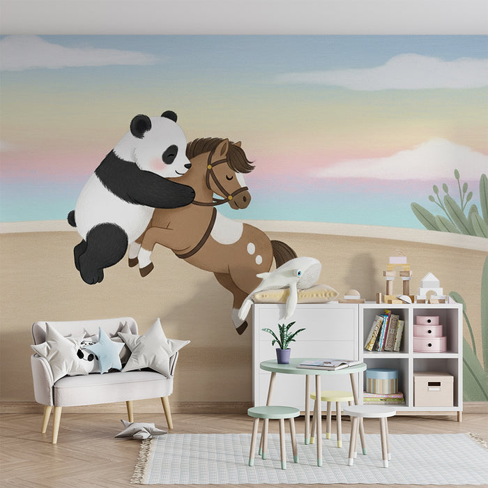 Carta da parati bambini | Panda giocatore e cavallo felice
