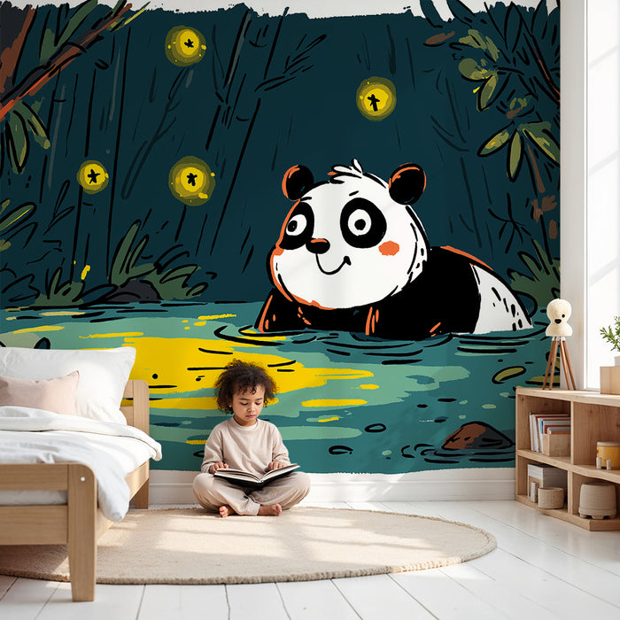 Barntapet | Glad panda vid en dam som lyser upp av eldflugor