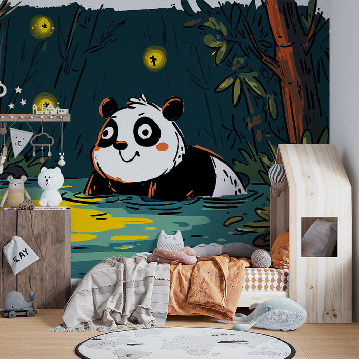 Barntapet | Glad panda vid en dam som lyser upp av eldflugor