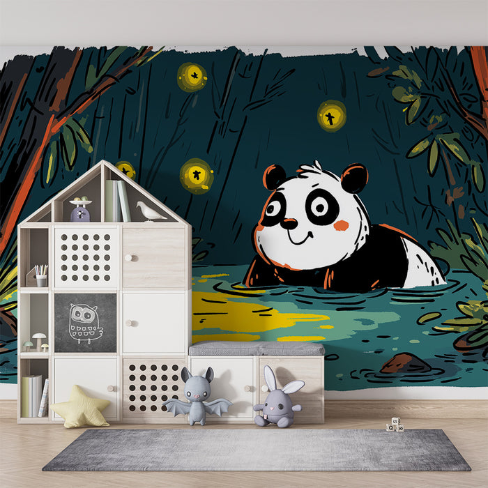 Barntapet | Glad panda vid en dam som lyser upp av eldflugor