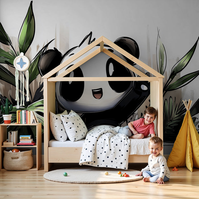 Papel de parede infantil | Panda feliz na selva verdejante