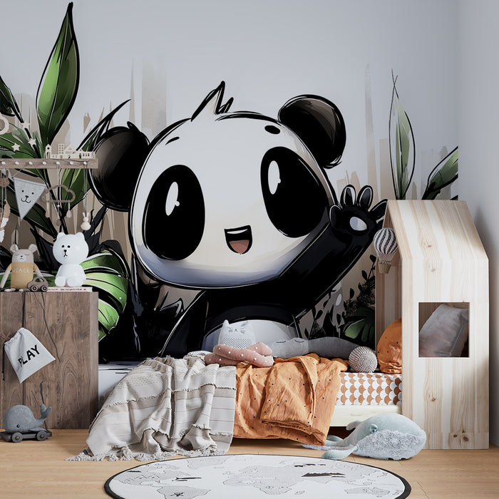 Papel de parede infantil | Panda feliz na selva verdejante