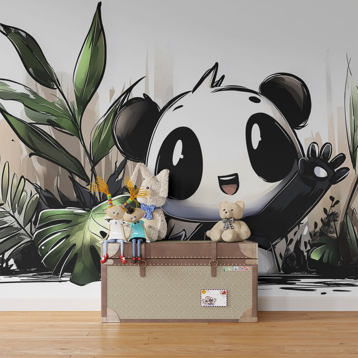 Papel de parede infantil | Panda feliz na selva verdejante