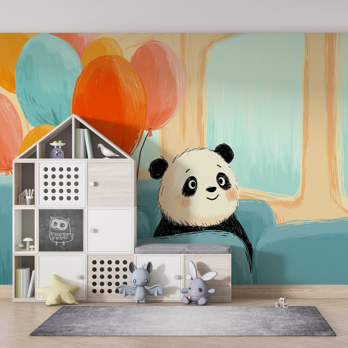 Papier peint chambre enfant | Panda joyeux avec des ballons colorés