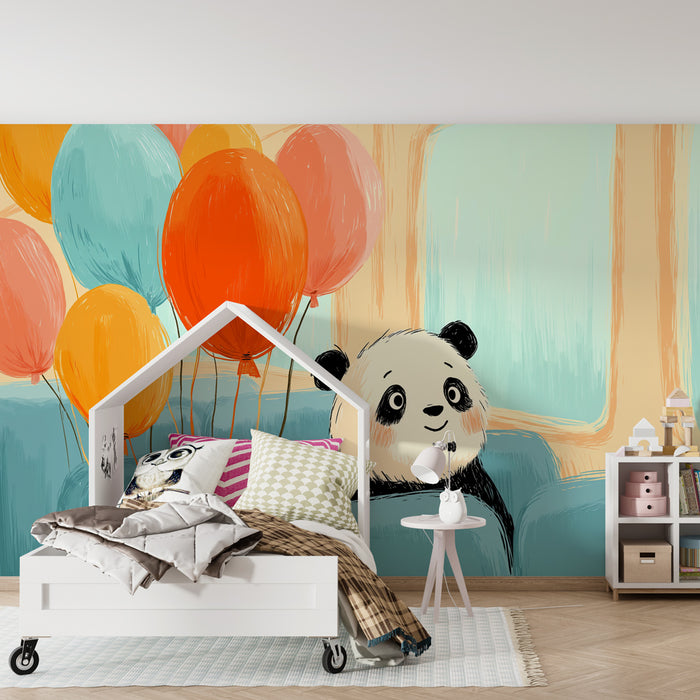 Papier peint chambre enfant | Panda joyeux avec des ballons colorés