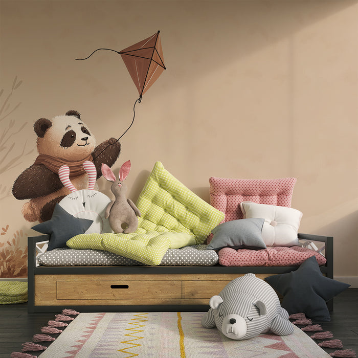 Detská izba tapéta | Šťastný panda s drakom v jemnej krajine