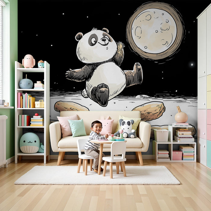Papel de parede criança | Panda feliz no espaço com cookies lunares