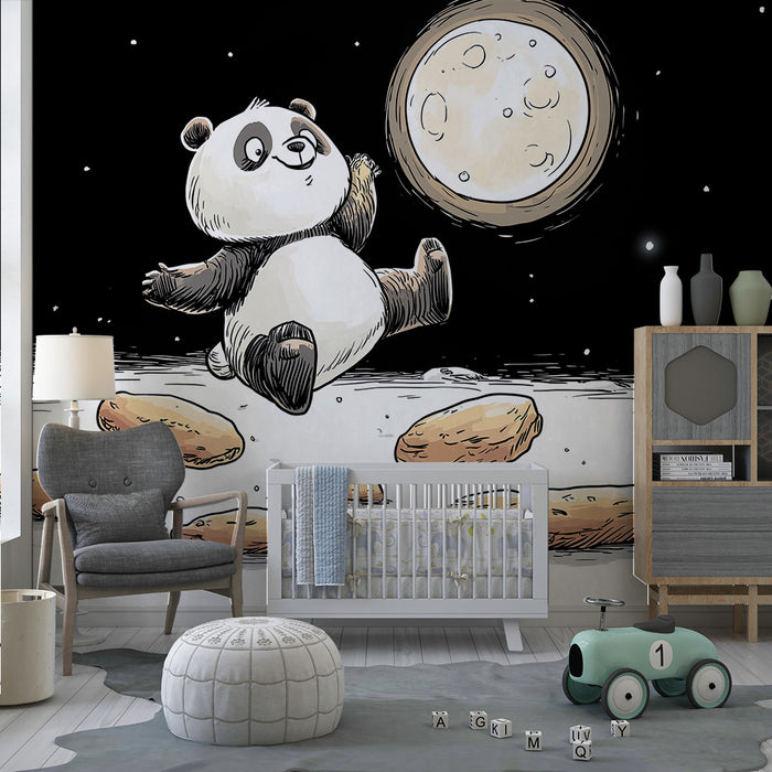 Papel de parede criança | Panda feliz no espaço com cookies lunares