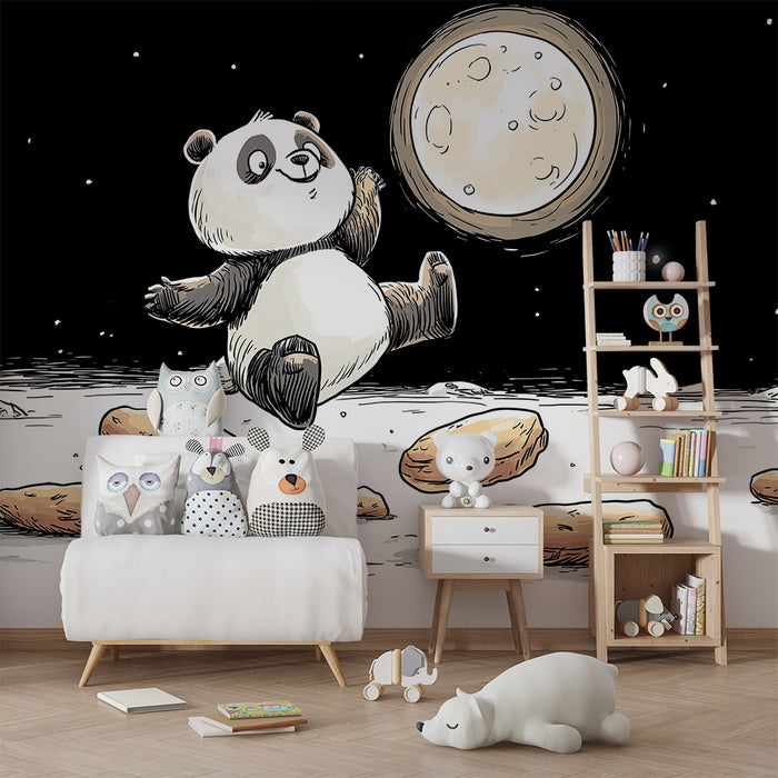 Papel de parede criança | Panda feliz no espaço com cookies lunares