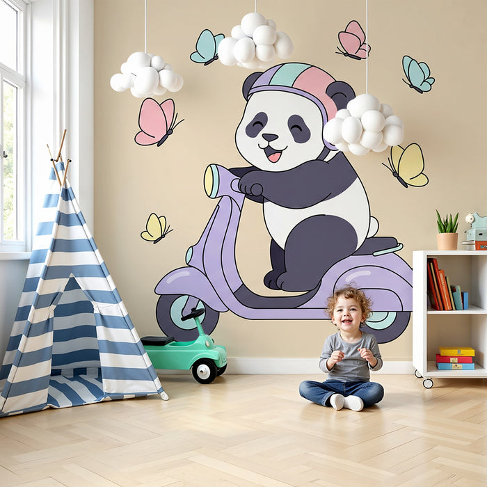 Kinderkamer behang | Vrolijke panda op een scooter met vlinders