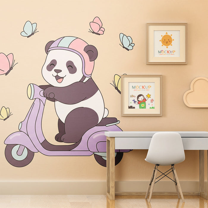 Kinderkamer behang | Vrolijke panda op een scooter met vlinders