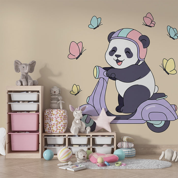 Kinderkamer behang | Vrolijke panda op een scooter met vlinders