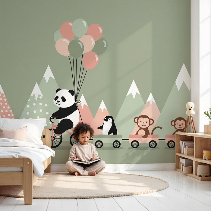 Kinderkamer behang | Vrolijke panda op een fiets met zijn dierenvrienden in een berglandschap