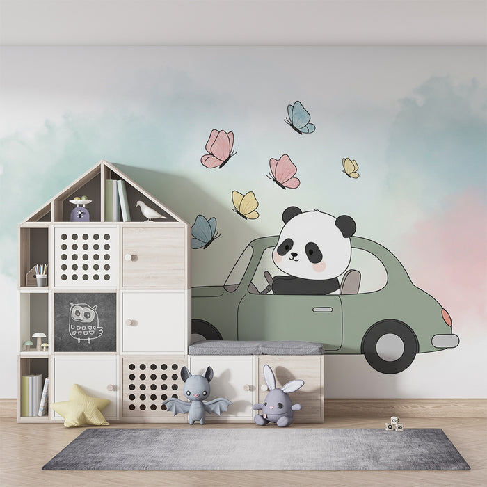 Papier peint chambre enfant | Panda joyeux en voiture avec des papillons