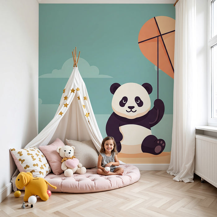 Papier peint chambre enfant | Panda joyeux et cerf-volant dans le ciel