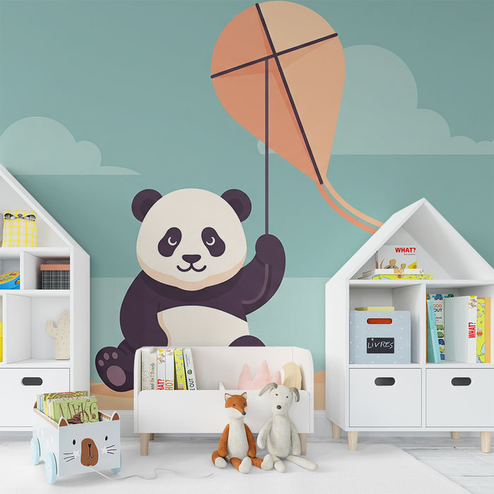 Papier peint chambre enfant | Panda joyeux et cerf-volant dans le ciel