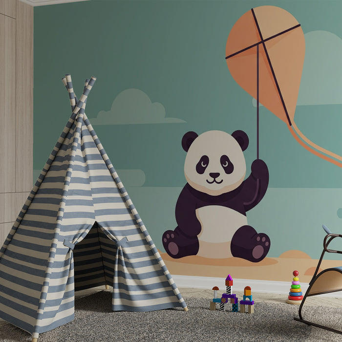 Papier peint chambre enfant | Panda joyeux et cerf-volant dans le ciel
