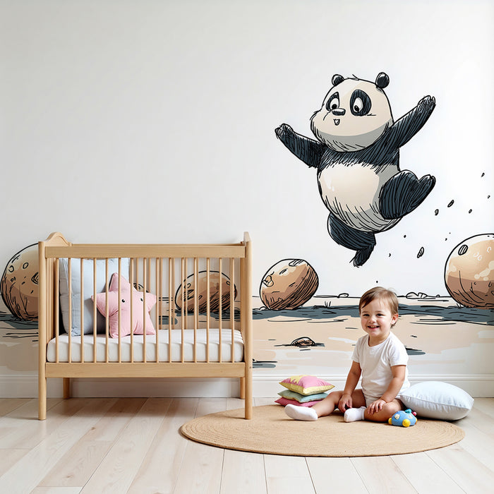 Børneværelse tapet | Glad panda hopper mellem runde sten