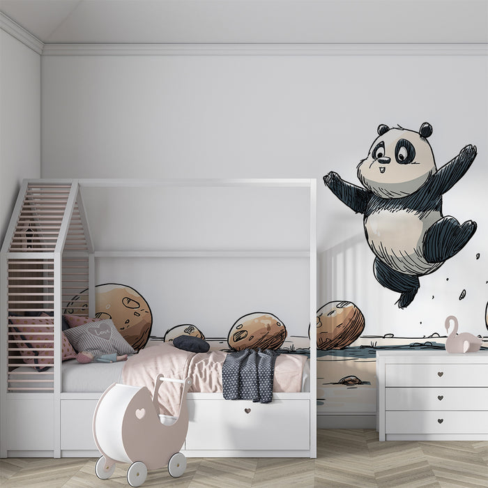 Børneværelse tapet | Glad panda hopper mellem runde sten
