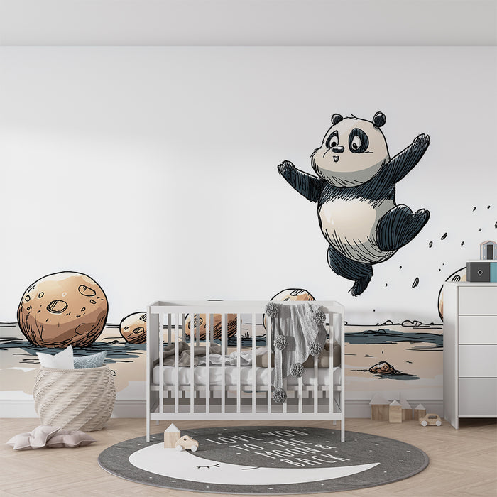 Børneværelse tapet | Glad panda hopper mellem runde sten