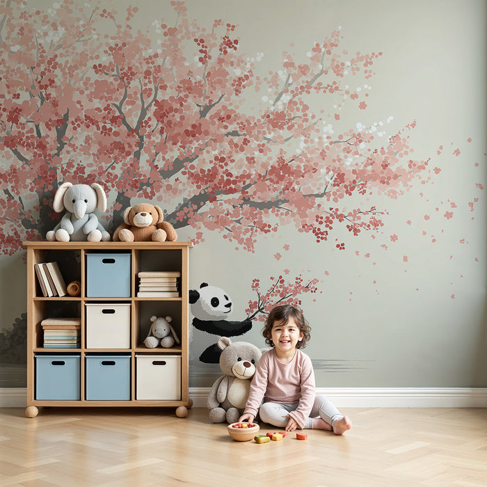 Tapet barnerom | Glad panda under et blomstrende kirsebærtre