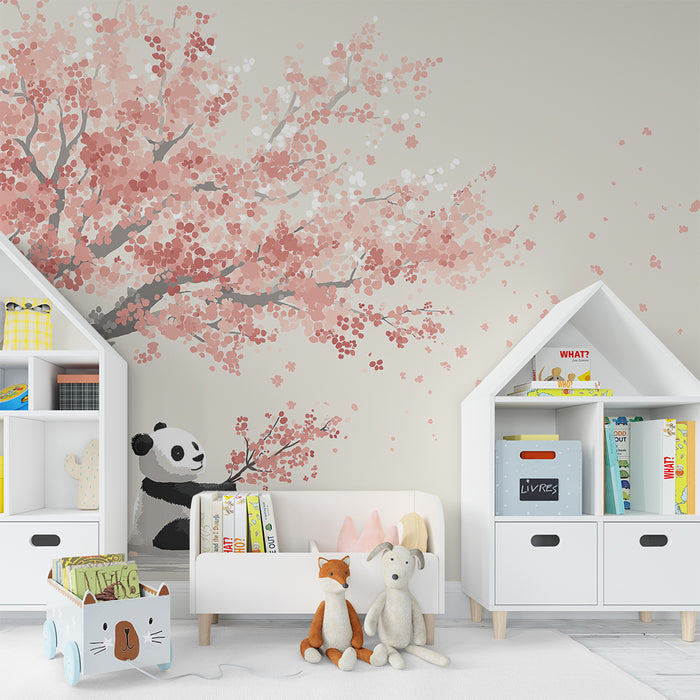 Tapet barnerom | Glad panda under et blomstrende kirsebærtre
