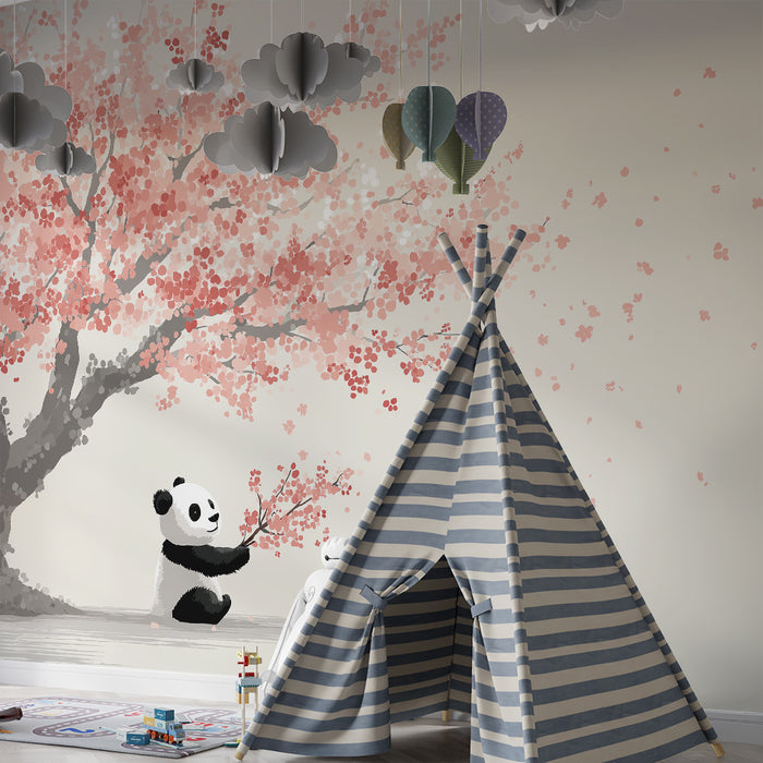 Tapet barnerom | Glad panda under et blomstrende kirsebærtre