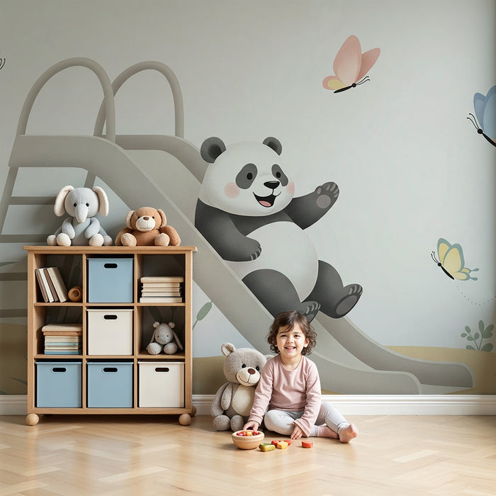 Kinderkamer behang | Vrolijke panda op glijbaan met vlinders