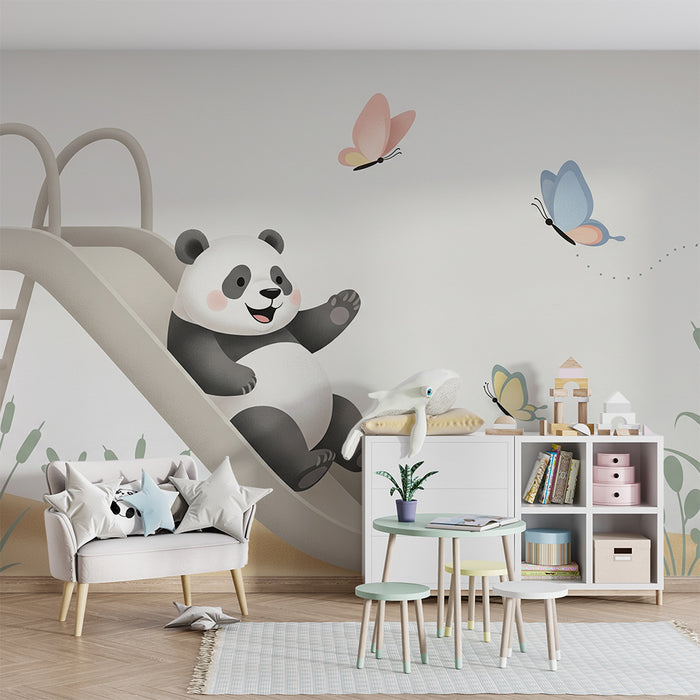Kinderkamer behang | Vrolijke panda op glijbaan met vlinders