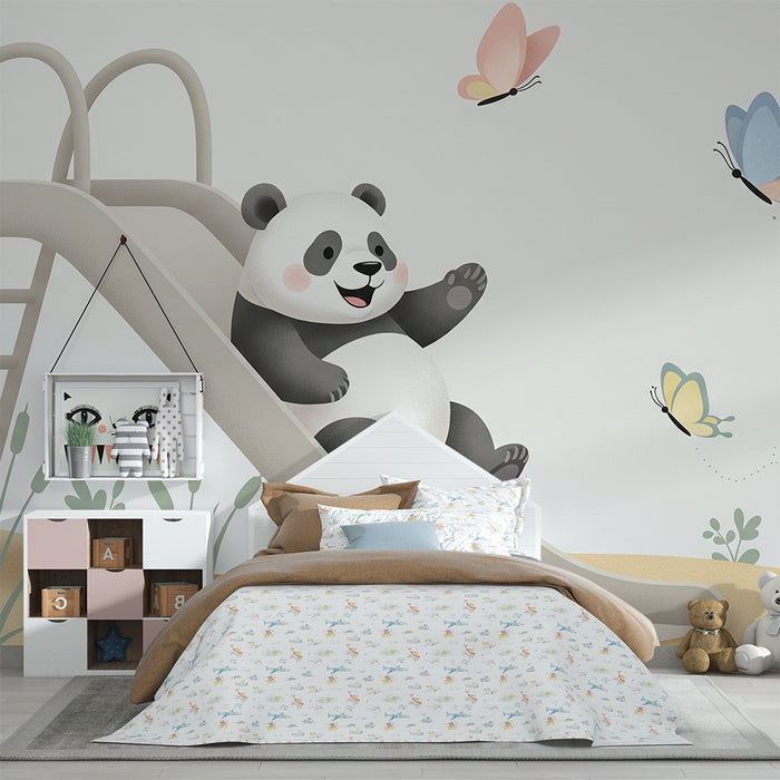 Kinderkamer behang | Vrolijke panda op glijbaan met vlinders