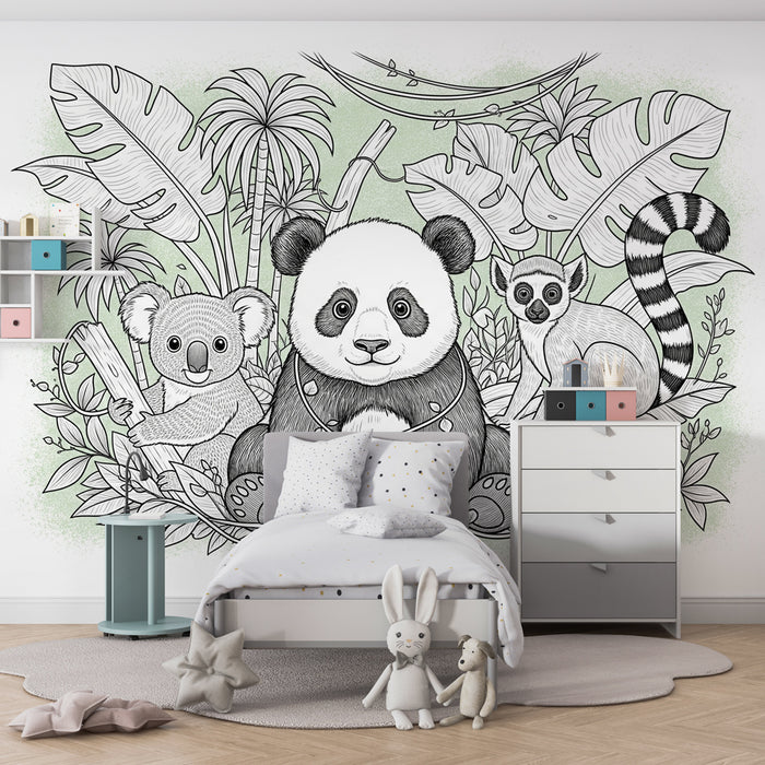 Kinderkamer behang | Panda, koala en maki in de jungle