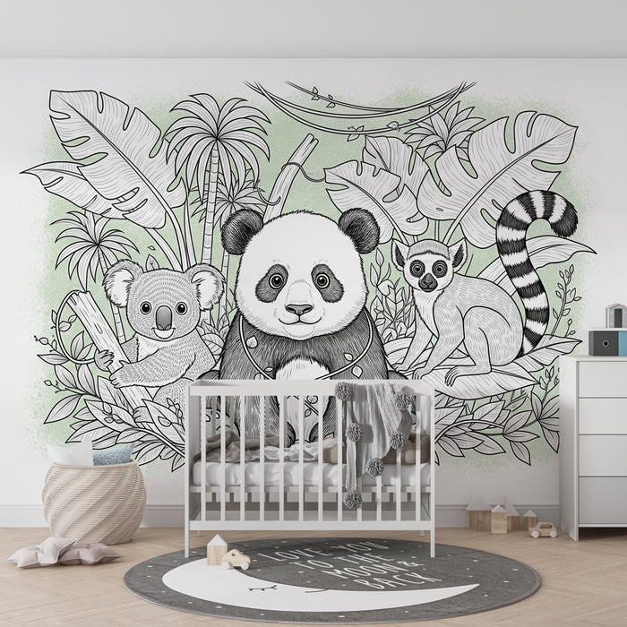 Kinderkamer behang | Panda, koala en maki in de jungle