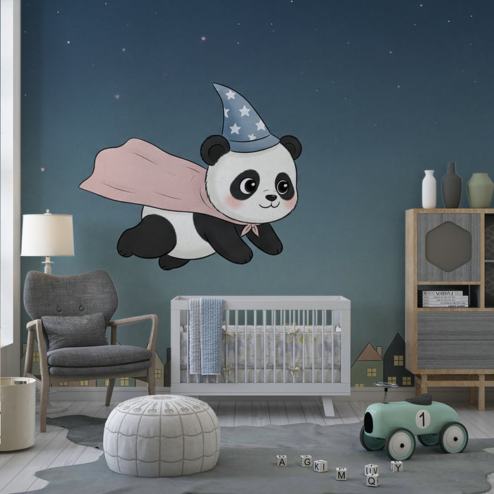 Tapet barnerom | Magisk flyvende panda over byen