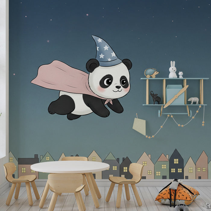 Tapet barnerom | Magisk flyvende panda over byen