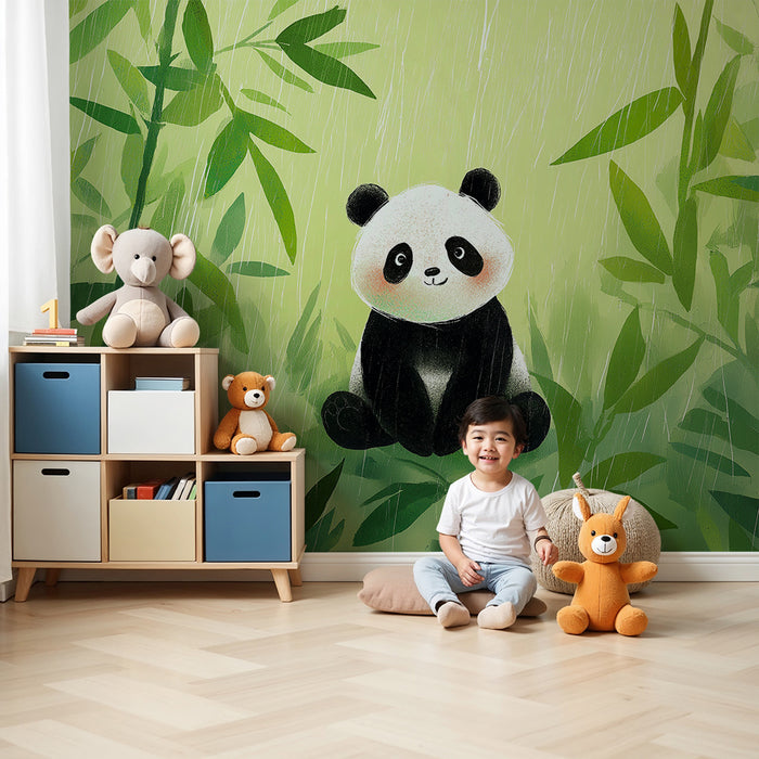 Barntapet | Söt panda mitt i bambu under regnet