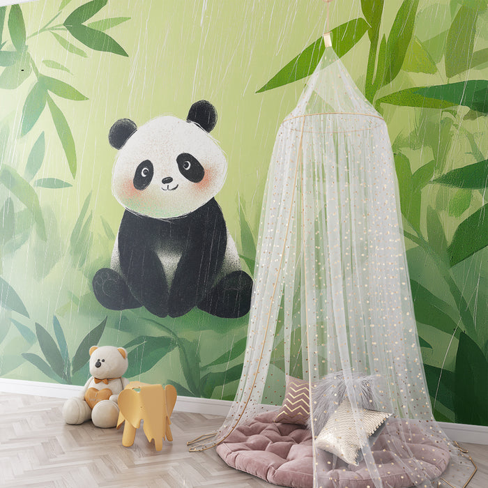 Barntapet | Söt panda mitt i bambu under regnet