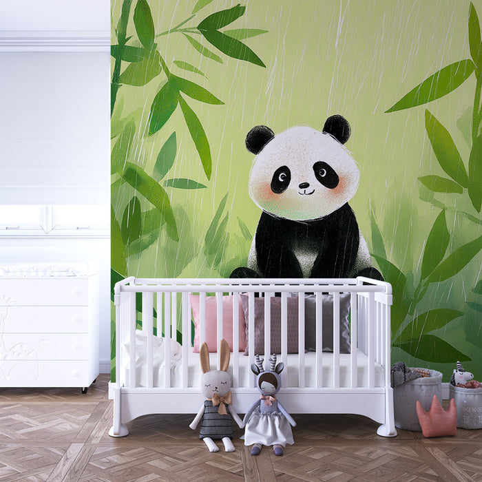 Barntapet | Söt panda mitt i bambu under regnet