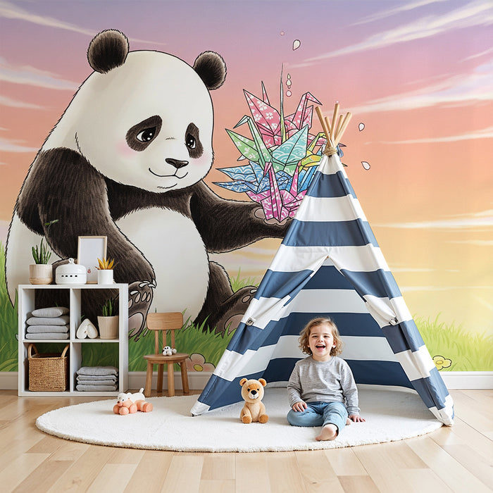 Børneværelses tapet | Sød panda med farverig origami i et solrigt landskab