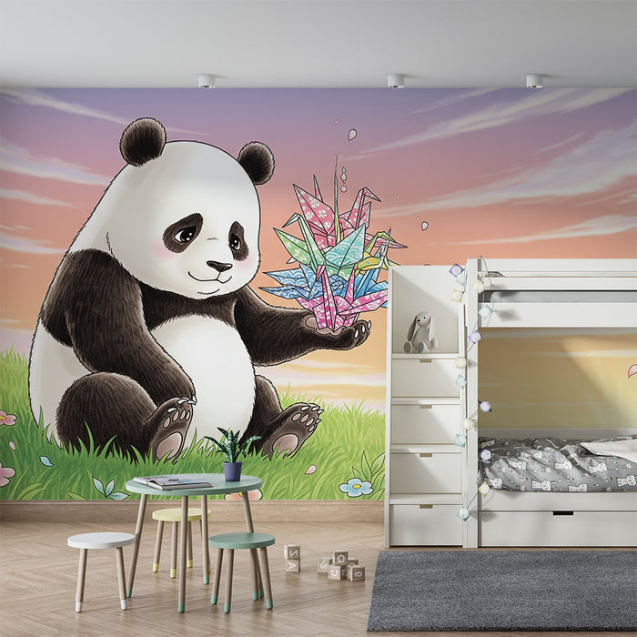 Børneværelses tapet | Sød panda med farverig origami i et solrigt landskab