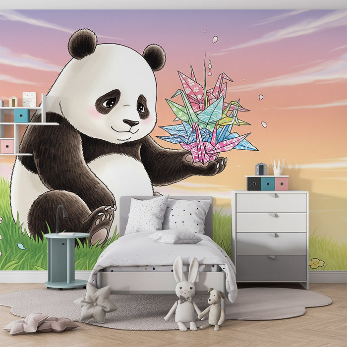 Børneværelses tapet | Sød panda med farverig origami i et solrigt landskab