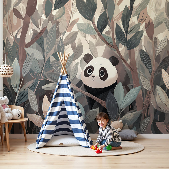 Papier peint chambre enfant | Panda mignon caché dans une jungle de feuillage doux