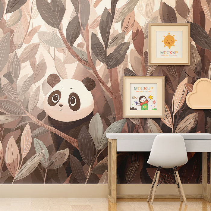 Papier peint chambre enfant | Panda mignon caché dans une jungle de feuillage doux
