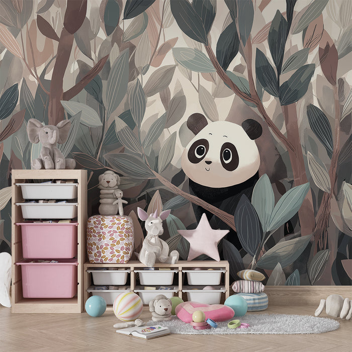 Papier peint chambre enfant | Panda mignon caché dans une jungle de feuillage doux