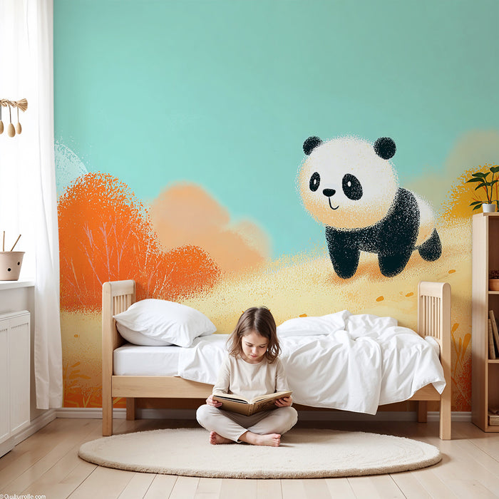 Børneværelse tapet | Sød panda i farverig efterårslandskab