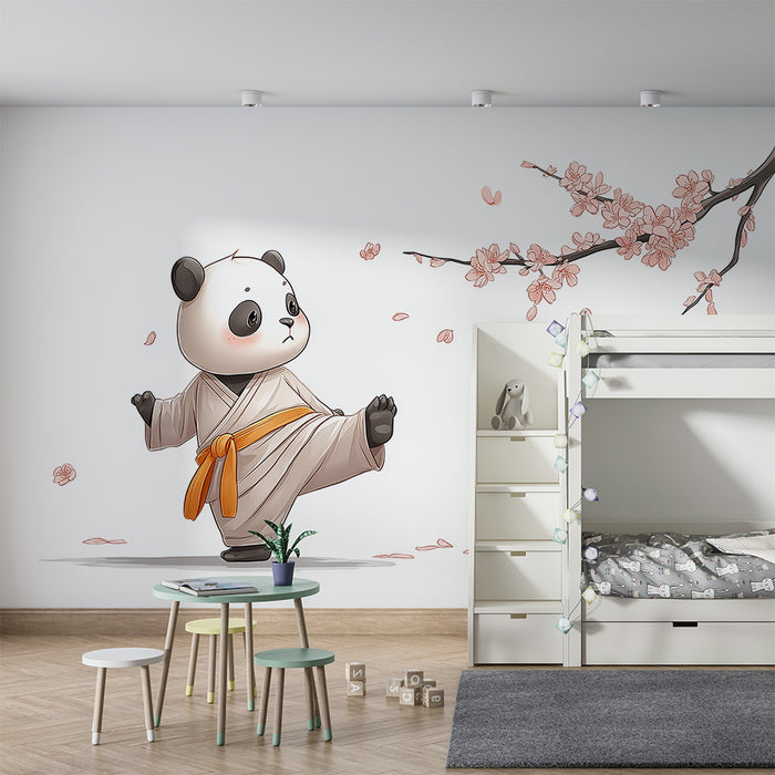 Tapet barnerom | Søt panda i kimono under blomstrende kirsebærtrær