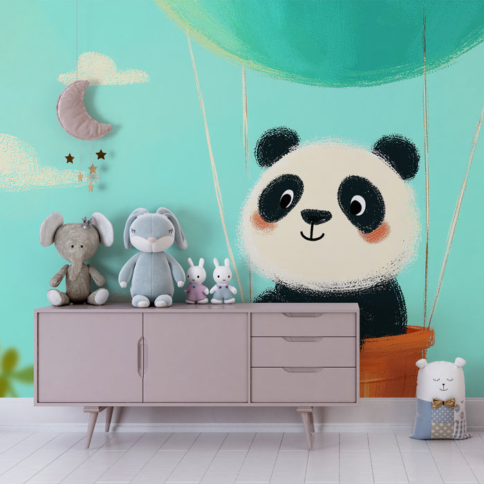 Kids room wallpaper | Cute panda in a hot air balloon